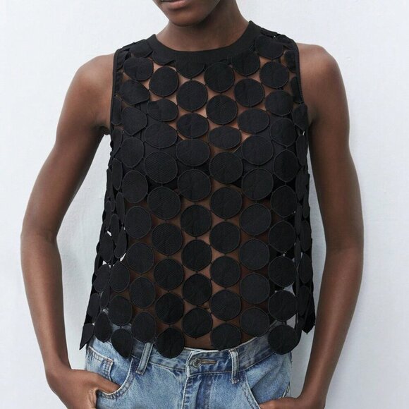 Black Casual Womens Round Polka Dot Breathable Tank Top - Picture 1 of 5